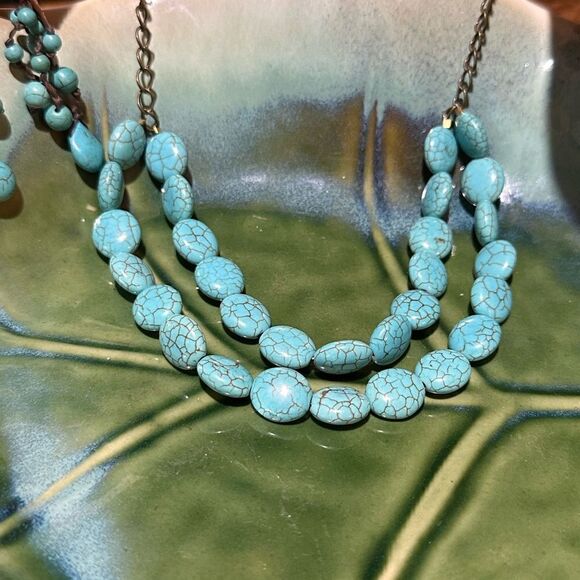 Turquoise Color X-Long Necklace + Earrings - Picture 2 of 3